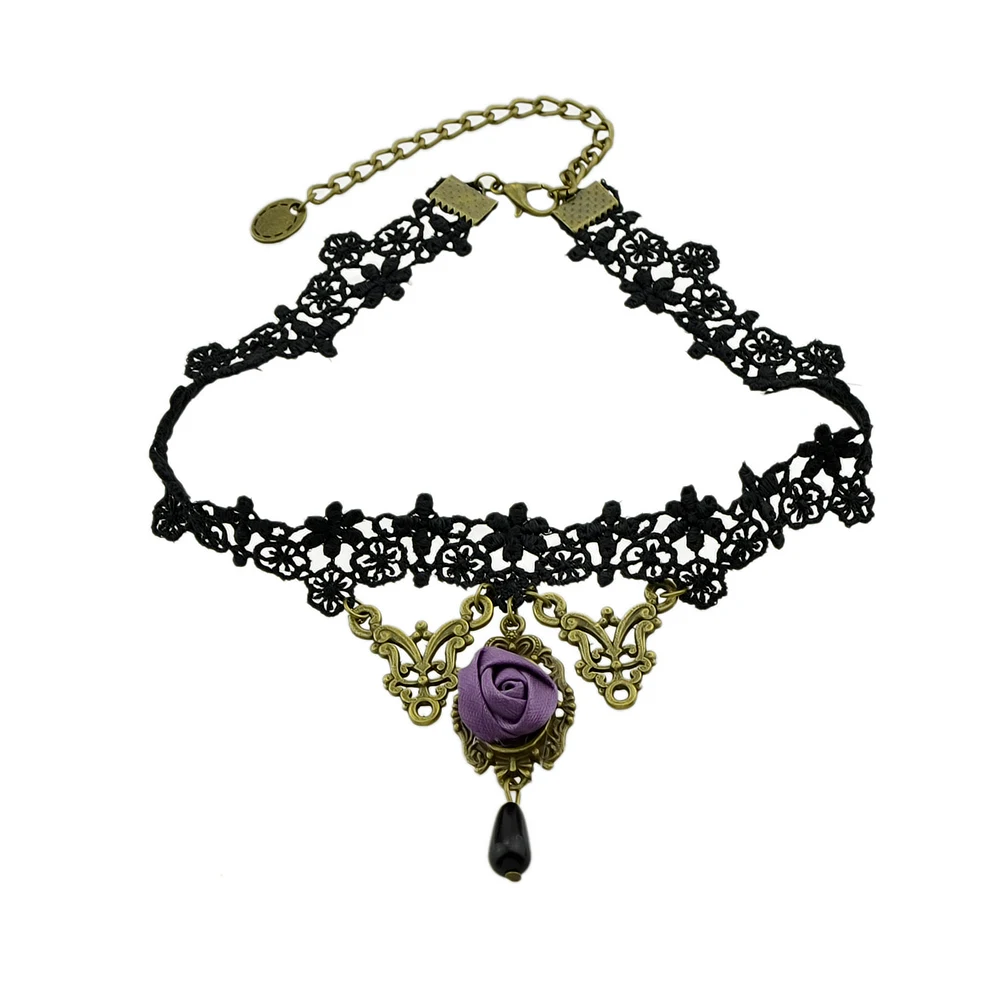 Feelshine Punk Rock Style Gothic Black Lace Rope Hollow Out Chain With Antique Gold-Color Purple Flower Choker Necklace | Украшения и