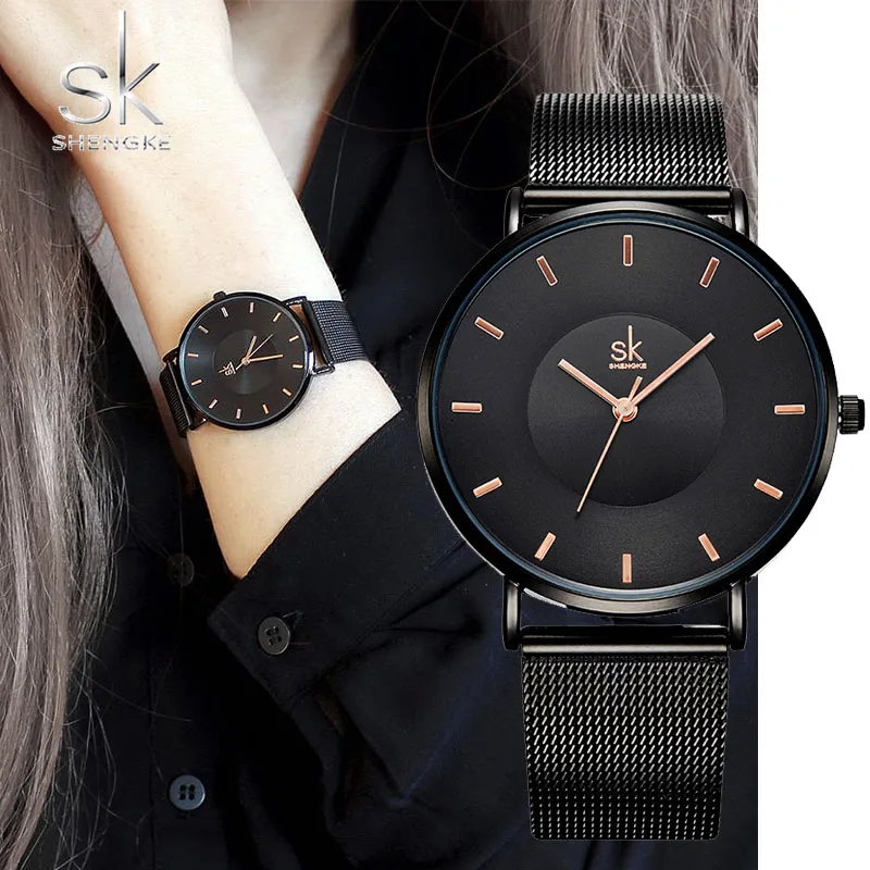Часы Shengke Relojes Mujer черные модные женские топовые роскошные ультратонкие кварцевые
