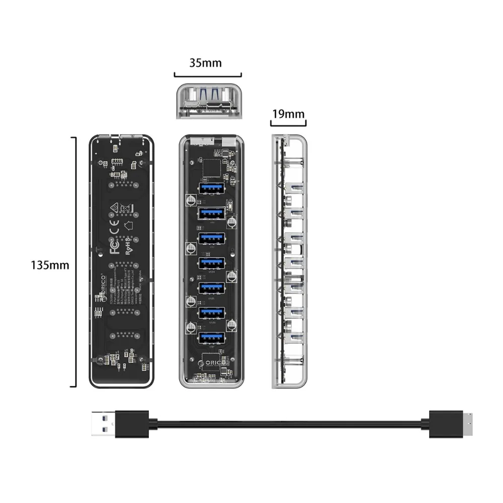 Прозрачный Концентратор ORICO с 7 портами USB 3 0 высокоскоростной usb-разветвитель 5