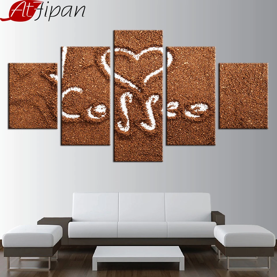

AtFipan Modular Canvas Paintings Wall Art Frame For Living Room Decor 5 Pieces Love Coffee Poster HD Prints Coffee Bean Pictures