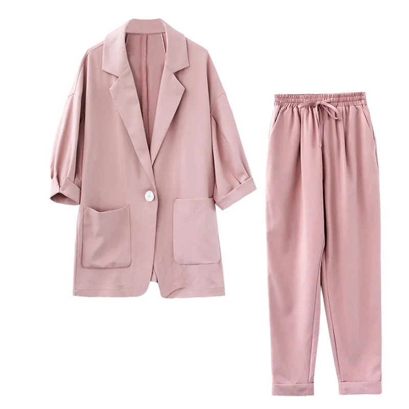 

Trytree Summer Autumn Women Two Piece Set Solid Office Lady Button Coat + Pants Pockets Elastic Waist Suit Casual 2 Piece Set