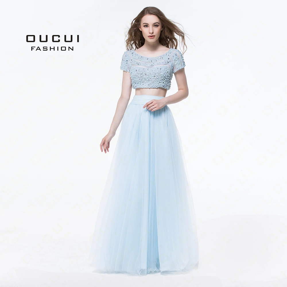 Real Photos Two Piece Beading Handwork Tulle Fabric Pearl Crystal Party prom Evening Long Dresses New see through back OL102908 | Свадьбы и