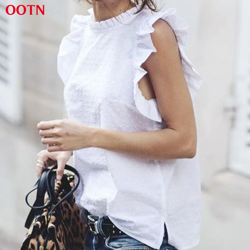 OOTN для женщин в горошек Топы корректирующие белый Раффлед бретели Женский Летний