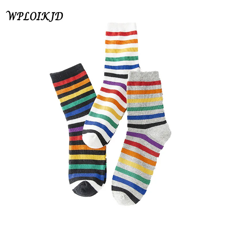 Красочные носки WPLOIKJD хлопковые корейские короткие в радужную полоску для