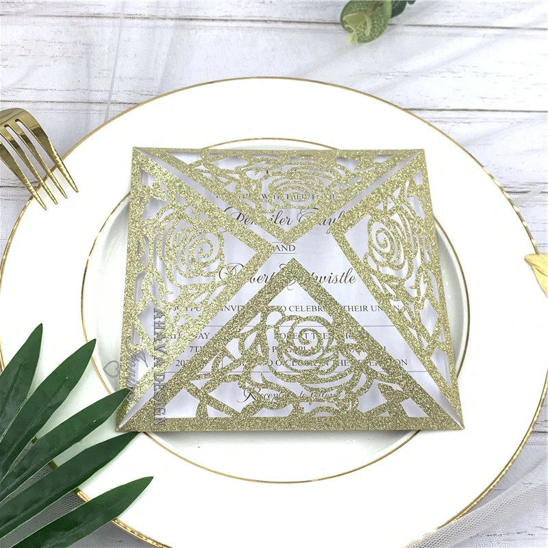 Luxury Glitter Champagne Square Laser Cut Wedding Invitation with Customized Insert, Belly Band And Envelope