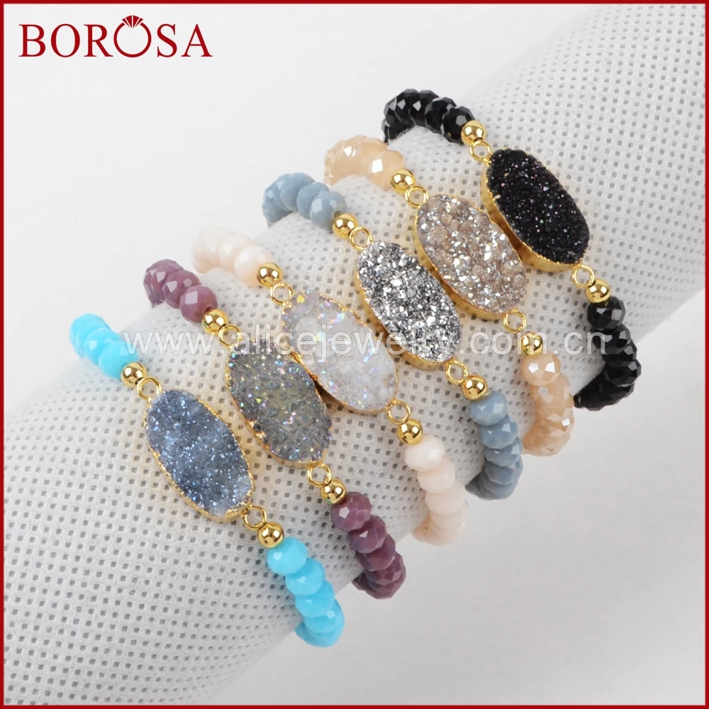 

BOROSA Oval Gold Color Natural Crystal Titanium Rainbow Druzy With Rainbow Faceted Beads Bracelets for Handmade Jewelry G1282