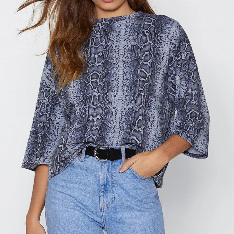 

2019 Summer European American Casual O-Neck Snake Print Three Quarter Sleeve Chiffon Blouse Women B T shirt Lady Top Tees