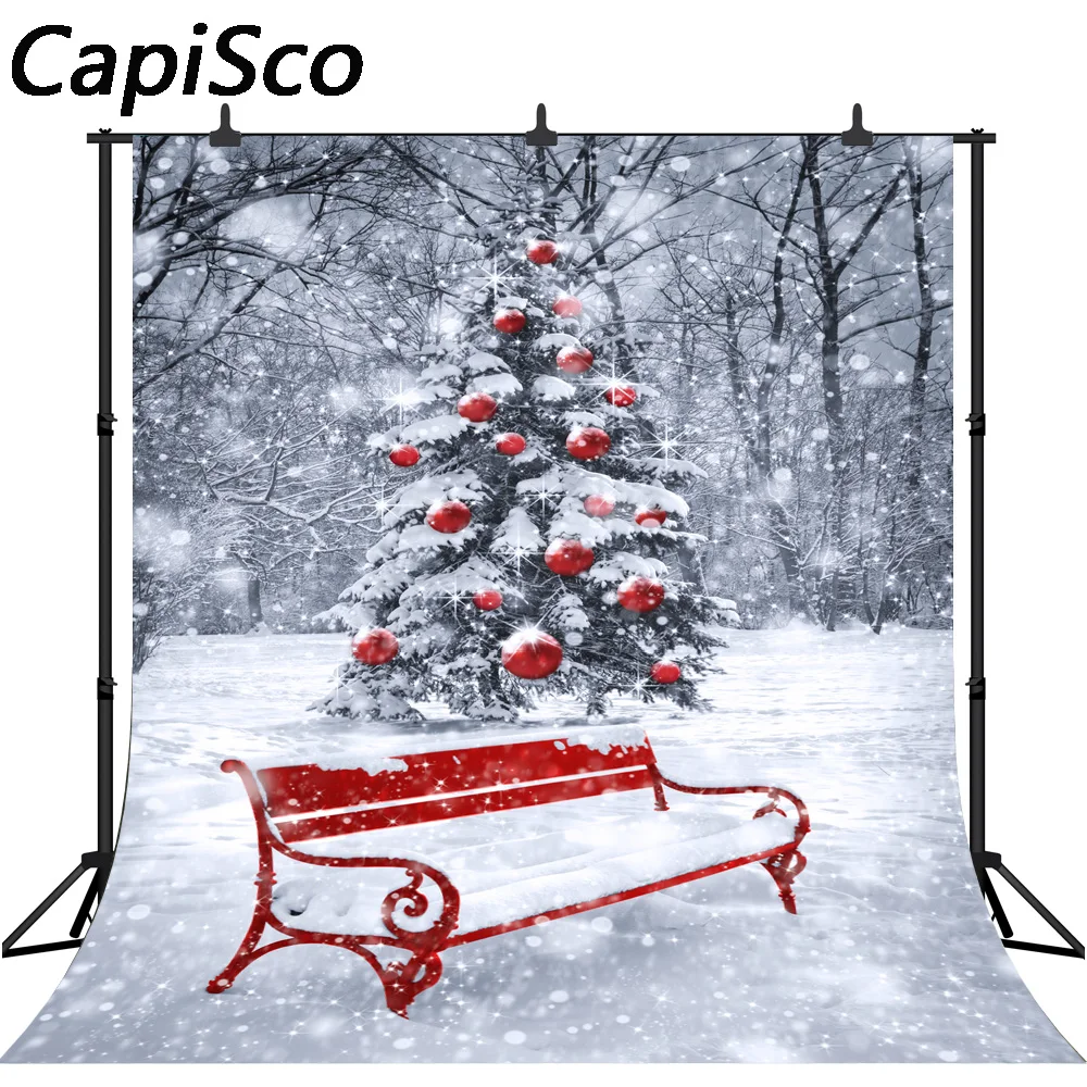 Capisco фон для фотостудии мультфильм зимний парк красная скамья снег Рождество лес