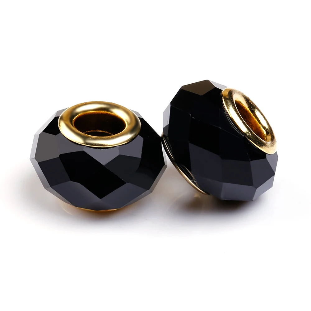 10 Pcs a Lot Gold-Color Black faceted Glass Beads Fit For Pandora Charms Bracelet Round DIY Murano Big Hole Charm | Украшения и