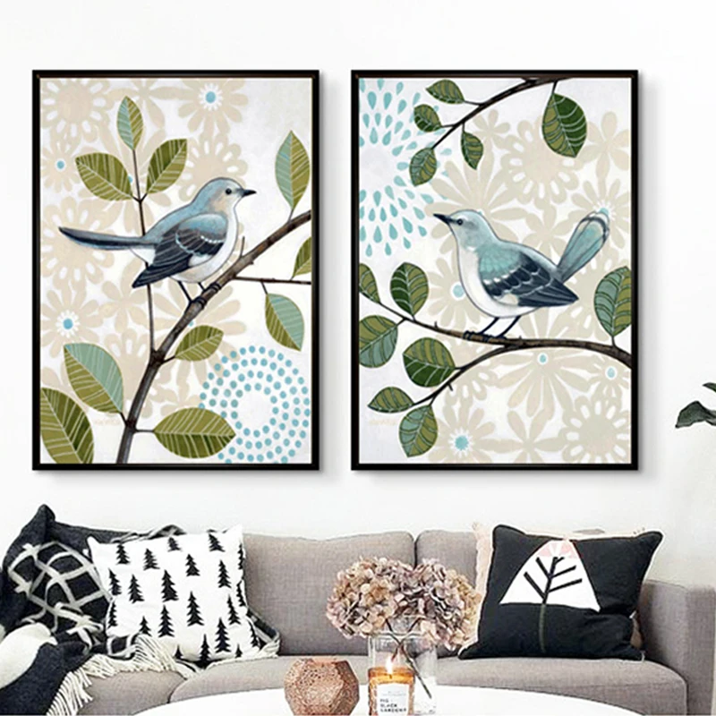 

Абстрактные настенные плакаты от бренда HAOCHU цветок с зеленными листиками красивое голубое с рисунками птиц и животных печати для Спальня д...