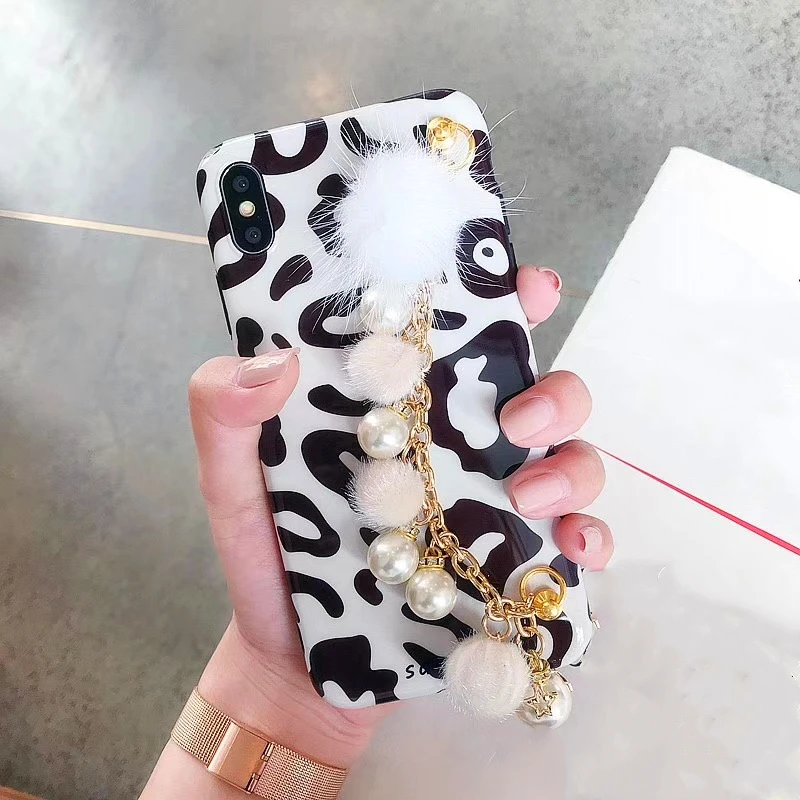 Luxury leopard print Plush ball Case For iPhone X XR XS Max Metal Bracelet Wristband iphone 8 7 6 6s Plus | Мобильные телефоны и