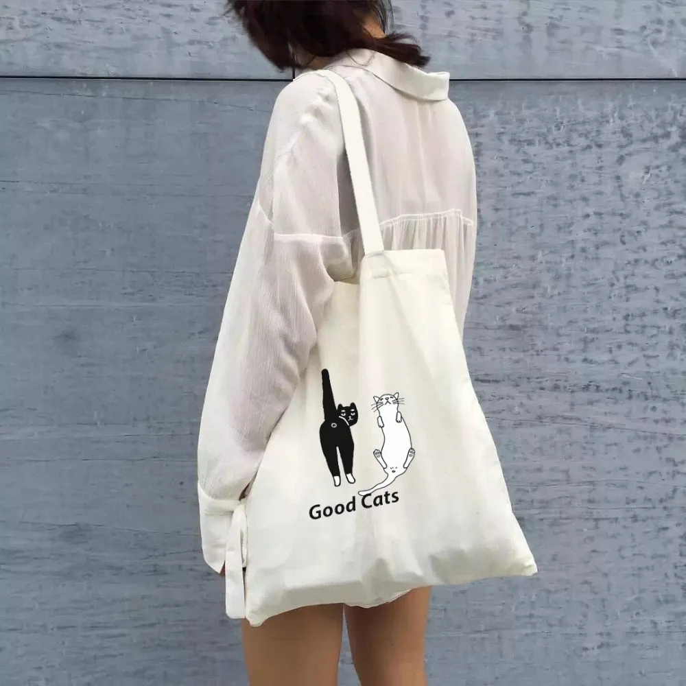 

YILE Zippered Cotton Canvas Eco shopping Tote shoulder Bag Print Black White Cat D0132