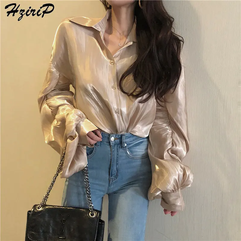 Hzirip Spring Autumn Loose Simple Elegant Sweet Thin Fresh Lantern Sleeves Female Stylish All-Match Free Casual Champagne Shirt |