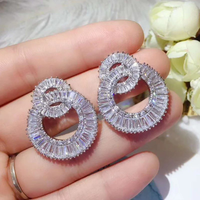 HIBRIDE Новые прозрачные двойные круглые серьги гвоздики с кубическим цирконием для