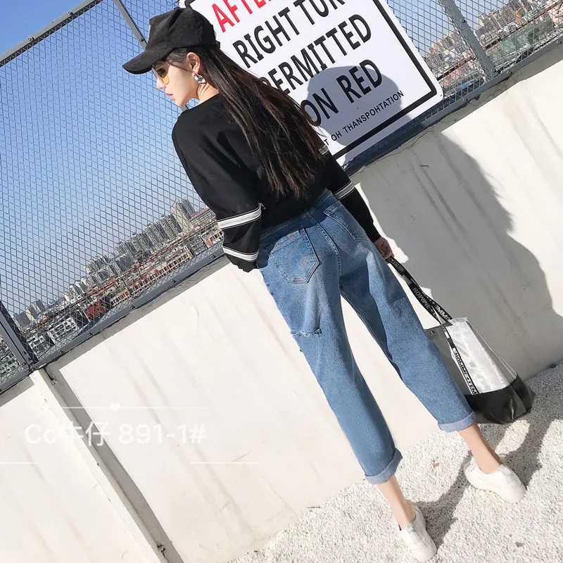 

2019 Spring New Style Loose Jeans Female High Waist Korean-Style Fleece Warm Thick Dark-Cropped Pants Dad Pants