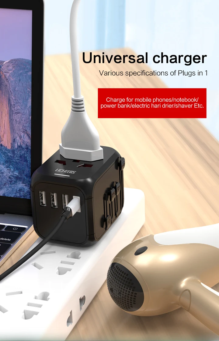 LINGCHEN дорожный адаптер Международный адаптер питания 5A 3 USB 1 type-C порт зарядное устройство AC адаптер питания для ЕС/Великобритании/Австралии/США