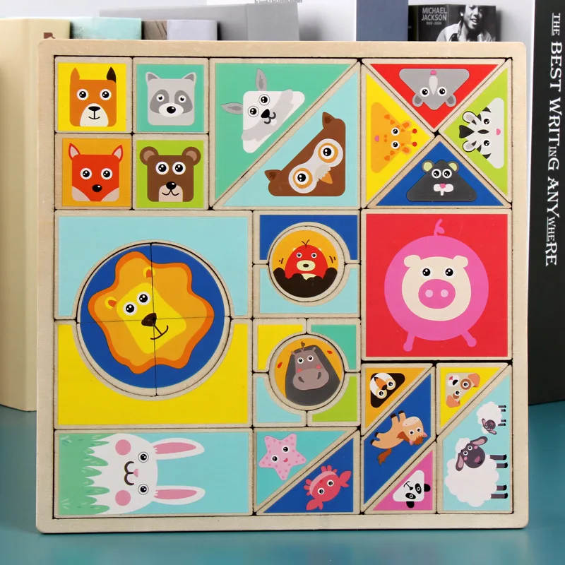 Животные Сделай Сам Деревянный Tangram 7 шт головоломки Красочные квадратные IQ игры