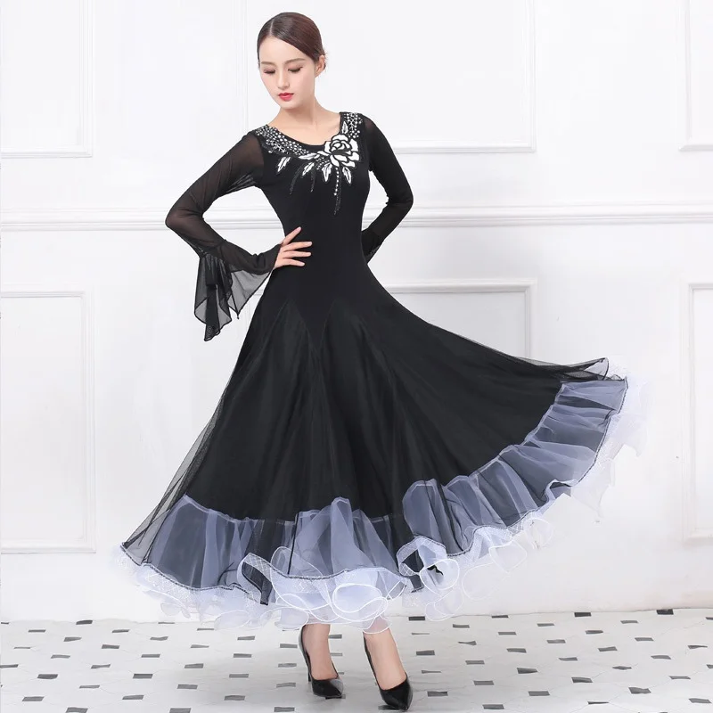 Черное бальное платье женское стандартное танцевальные костюмы фламенко