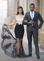 modest white black lace mermaid evening dresses beads crystals sheer neck illusion long sleeves applique formal prom party gowns