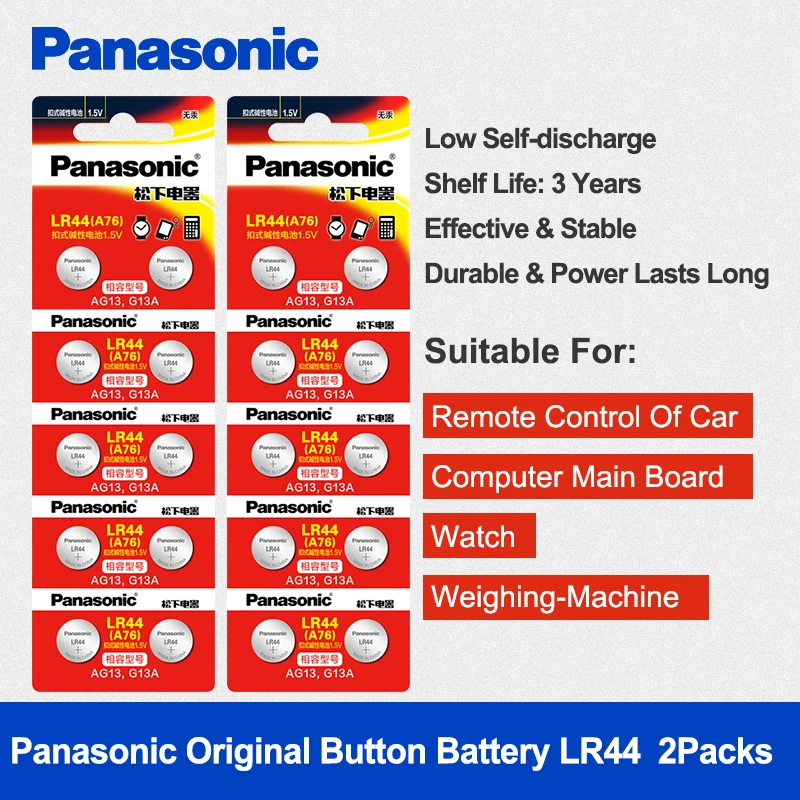Panasonic 20 шт/2 упаковки 1 5 В Кнопочная батарея lr44 литиевые батареи для монет A76 AG13 G13A