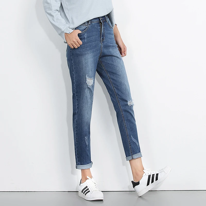 Женские свободные джинсы LEIJIJEANS модные &quotрваные&quot синие джинсовые брюки полной