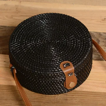 pikoublackbrown20x8 Новые черные круглые сумки из ротанга для женщин, богемная пляжная сумка-Кроссбоди, соломенная ручная работа, тканая круглая сумка на плечо, женские сумки - Цвет: pikoublackbrown20x8