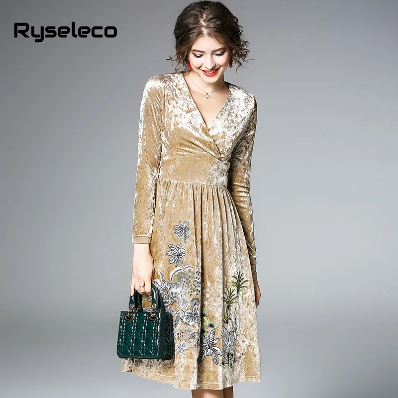 Ryseleco 2018 осеннее Золотое бархатное Элегантное расклешенное платье с вышивкой в