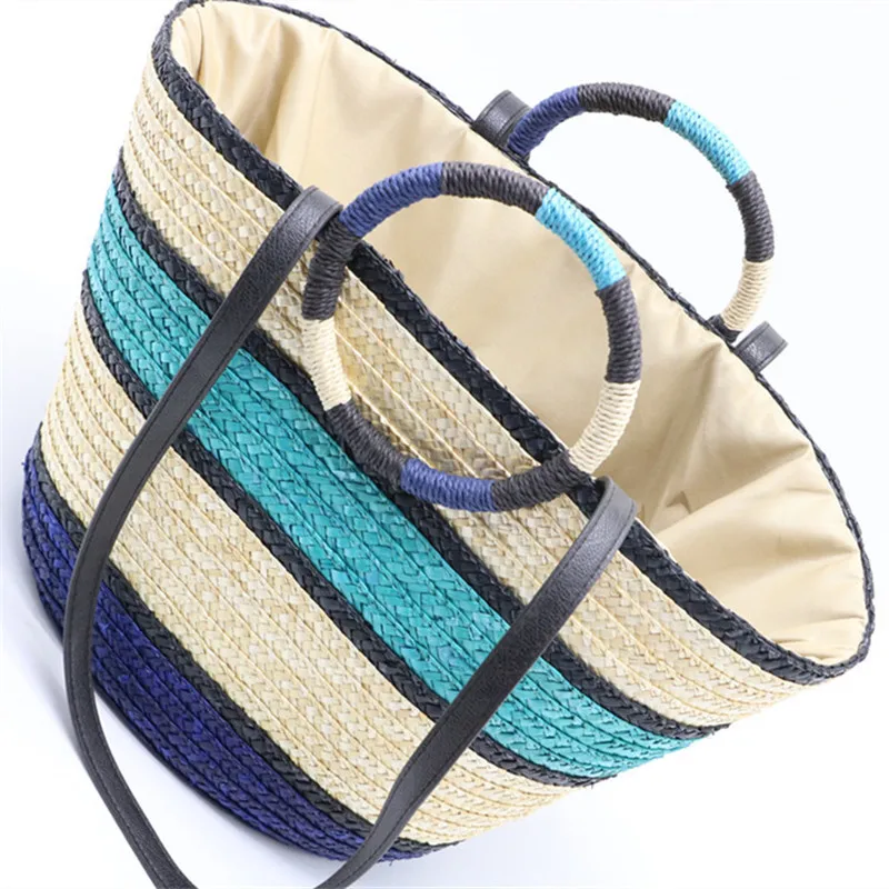 

Casual New Summer Hand Made Straw Beach Bag Candy Color Panelled Tote Bags Large Capacity Beach Travel Handbag Ladies Hand Bags