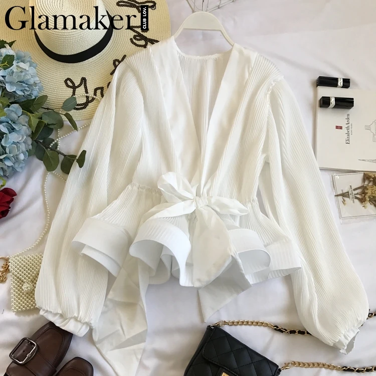 Белый Glamaker, Сексуальная плиссированная шифоновая блузка на шнуровке, рубашка, женская летняя блузка с глубоким v-образным вырезом, женская рубашка с рукавом-фонариком, офисный Топ - Цвет: Белый