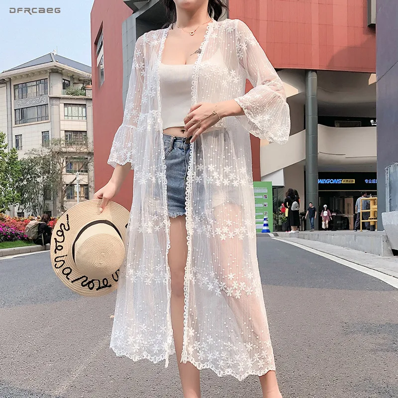 Сексуальное Белое Женское кимоно пляжная рубашка Солнцезащитная одежда 2019 Лето