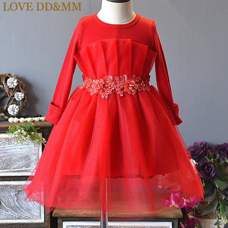 LOVE DD&ampMM Girls Dresses 2021 Autumn New Children's Clothing Fashion Lace Kidney Knit Mesh Stitching Princess Dress | Детская