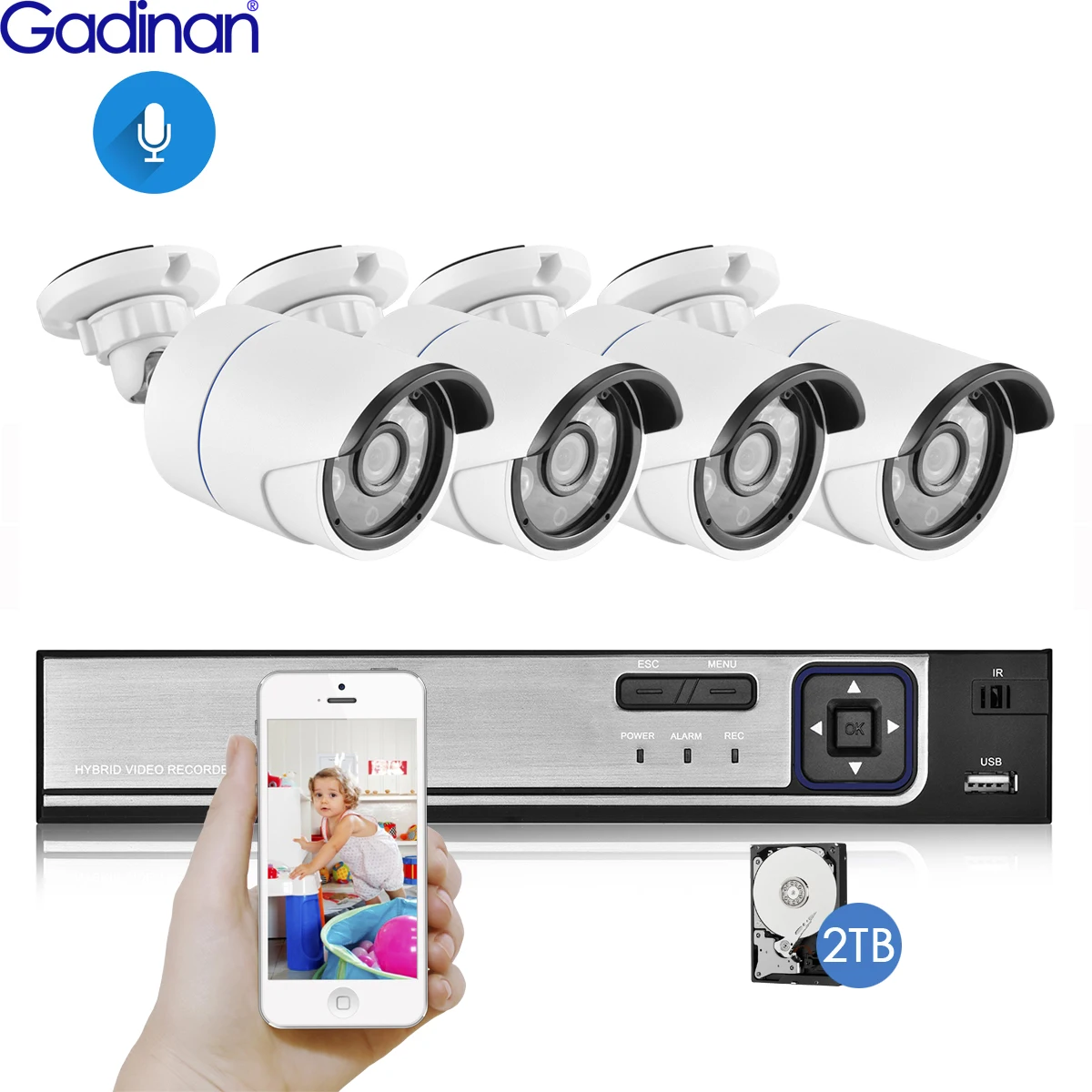 Gadina, 4CH, 5MP, 4MP, 1080 P, POE, камера безопасности, система, комплект, аудио запись, IP камера, IR, наружная, пуля, CCTV, видео наблюдение, NVR набор
