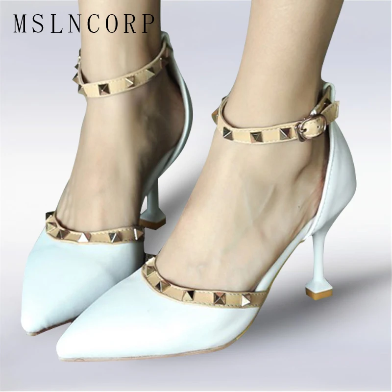 plus size 34-43 Summer High Heel Women's Sandals Fashion Rivets Buckle Strap Pointed Toe Sexy Heels Woman Party Pumps Footwear