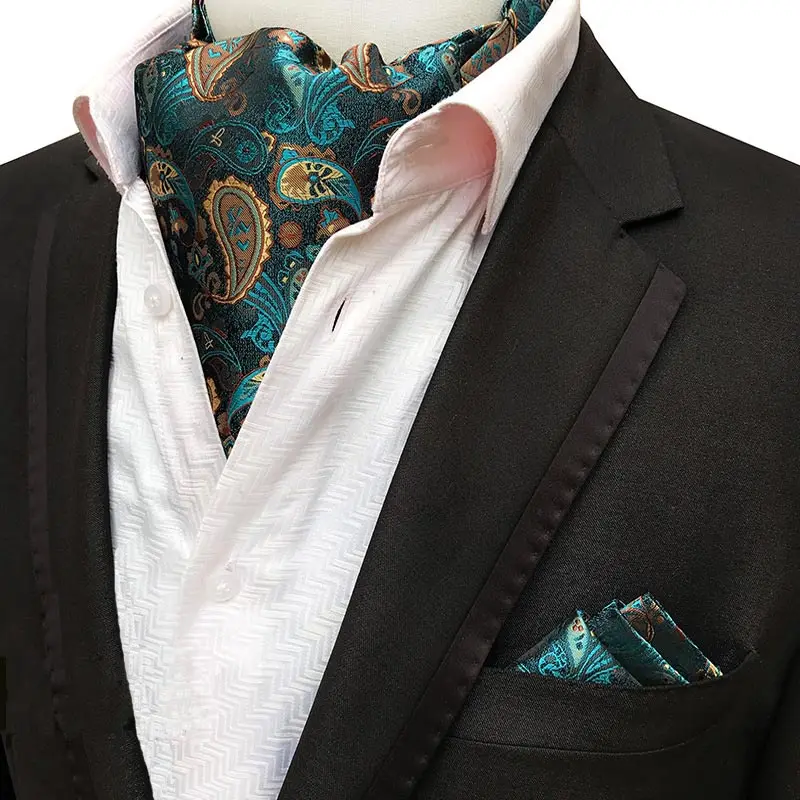 Newest Men's Cravat Tie Set Handkerchief Silk Paisley Jacquard Ascot Necktie Sets Pocket Square for Business Wedding Party
