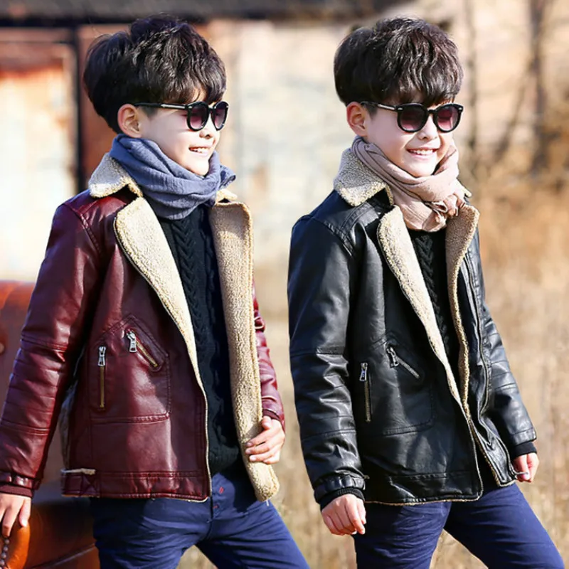 Boys Winter Leather Jacket Kids Furry Coat Thickened PU Leisure Jackets Boy Fashion Faux fur coats Turn-collar boys jacket | Детская