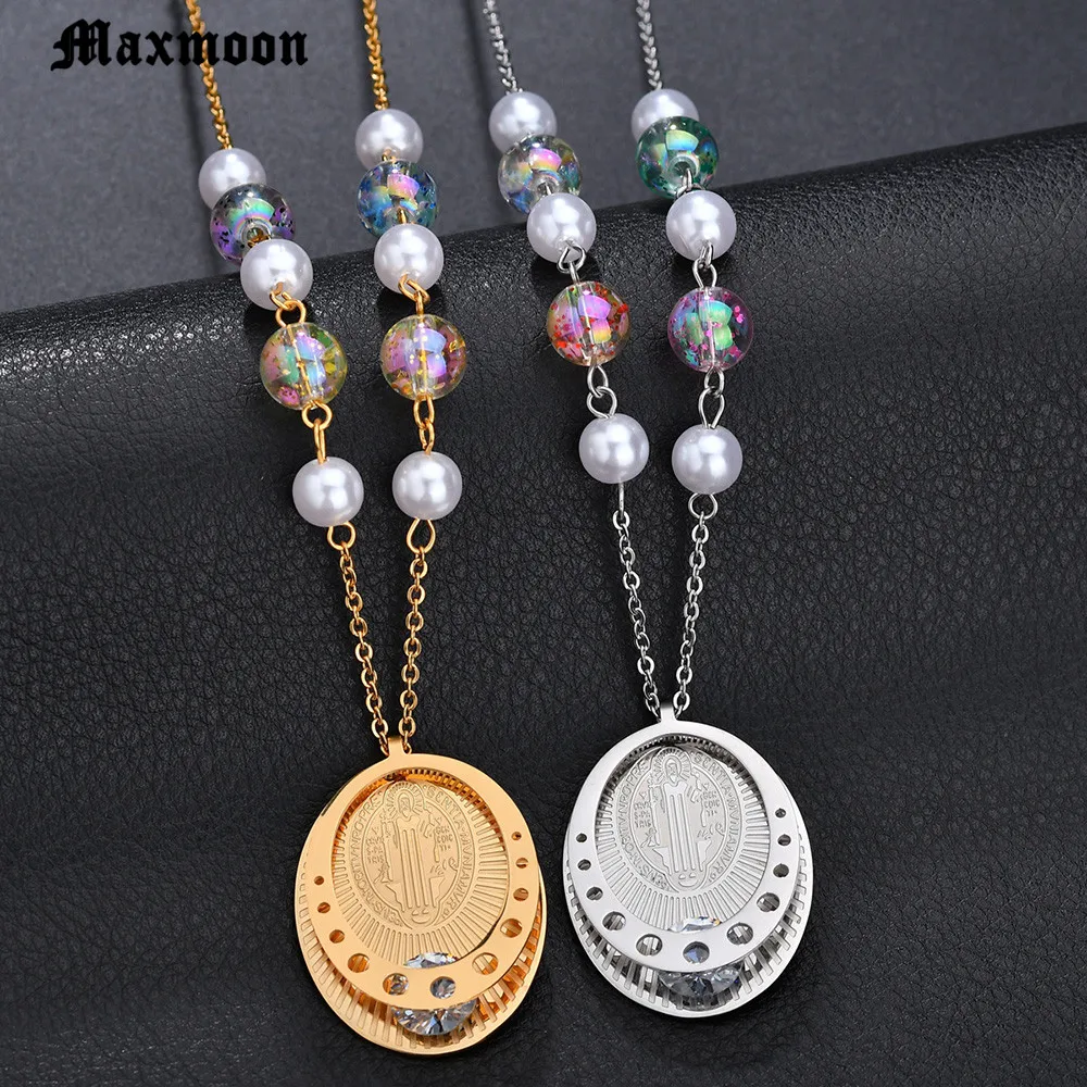 Maxmoon 3D Round Saint Benedict Stainless Steel Medal Antique Silver Color Gold Cross Pendant Necklaces Women Girl Gift | Украшения и