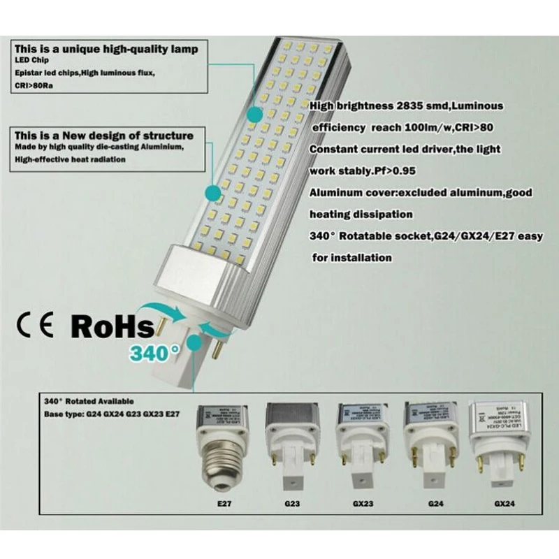 10 шт./лот 12 Вт E27/G23/G24 (2pin 4pin) LED PL light 60 шт. Epistar SMD2835 светодиоды для помещений с