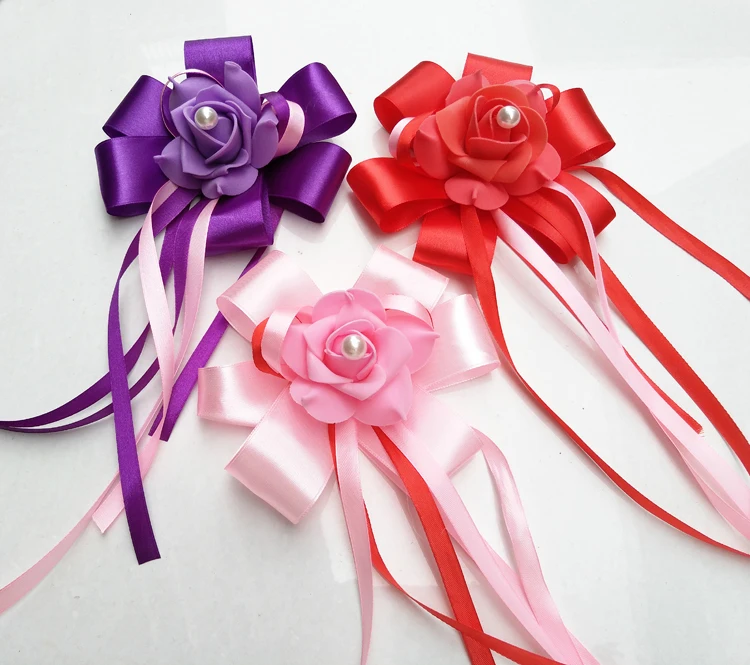 6 Pieces Set Wedding Car Decoration Bouquet Rear-view Mirror Doorknob Handle Ribbon Bow-knot Simulation Flower | Автомобили и
