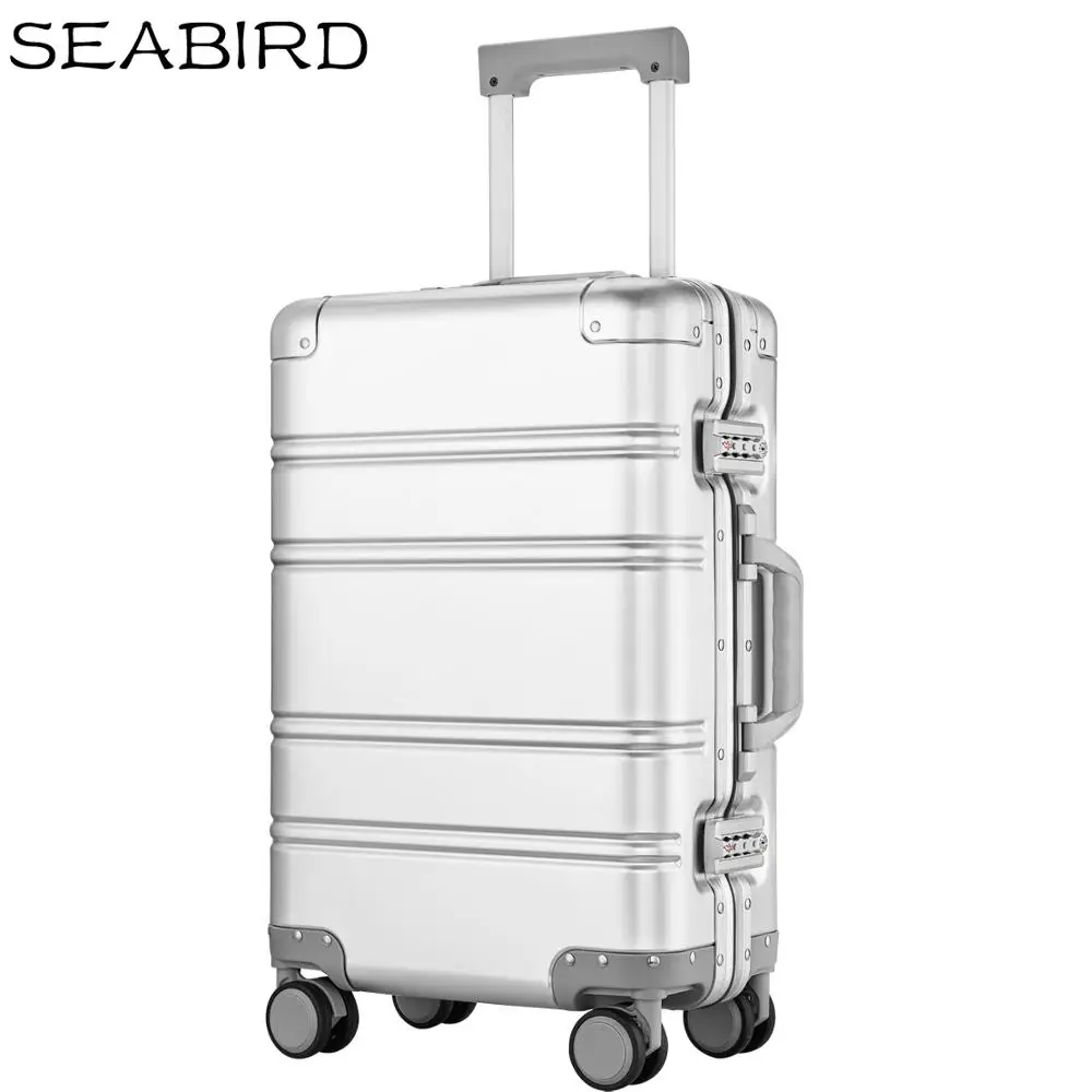 SEABIRD100% алюминиевый сплав Бизнес Путешествия Жесткий корпус Спиннер тяга коробка TSA замок кабина чемодан на колесиках 2" для переноски багажа - Цвет: silver