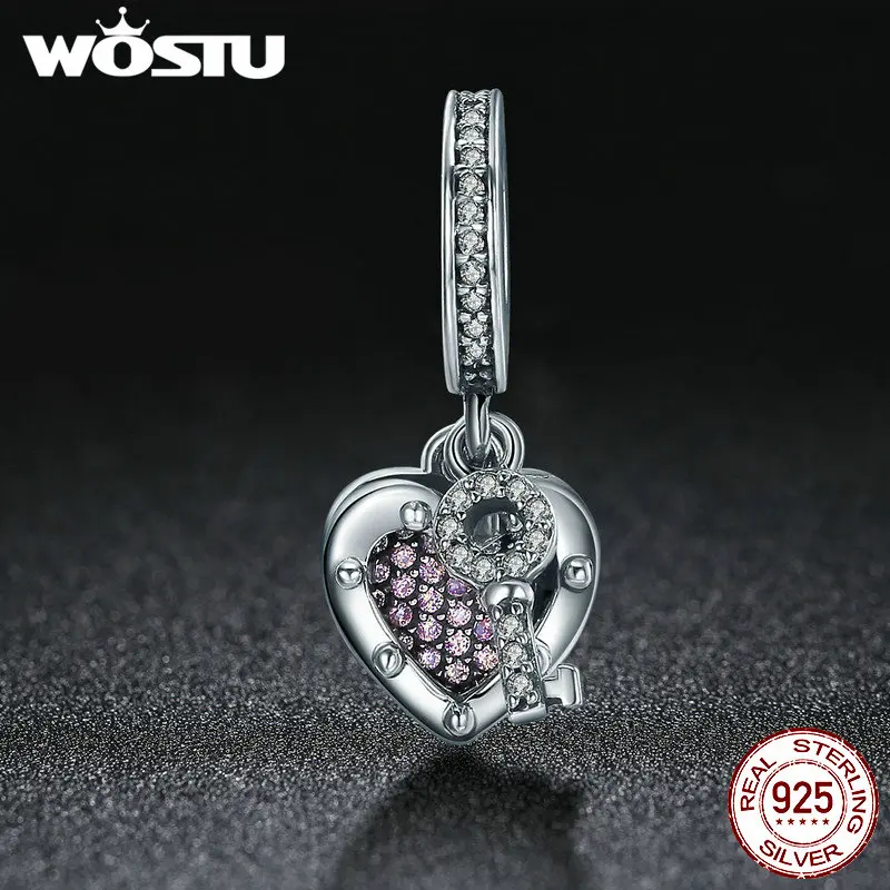WOSTU, лидер продаж, настоящее 925 пробы, серебряный ключ, замок, настоящая любовь, подвеска, шарм, подходит для женщин, бусины, браслет, ожерелье, ювелирное изделие, CQC407