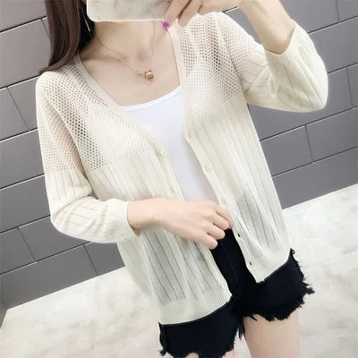 Fashion 2019 New spring and summer V-collar hollow thin bright light silk iced hemp knitted women's cardigan |