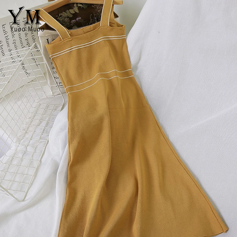 Женское облегающее платье на пуговицах YuooMuoo Черное и желтое длинное бретелях