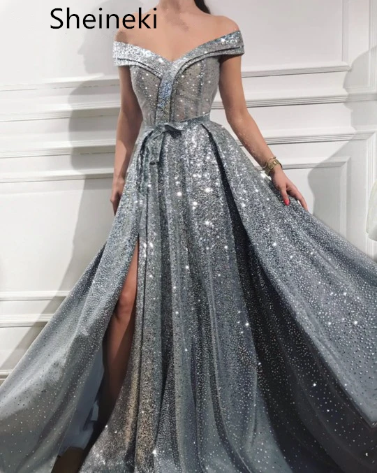 

Off Shoulder Silver Reflective Prom Dresses 2019 Vestido de festa Sparkly Sequined Women Formal Dress Long Evening Party Gowns