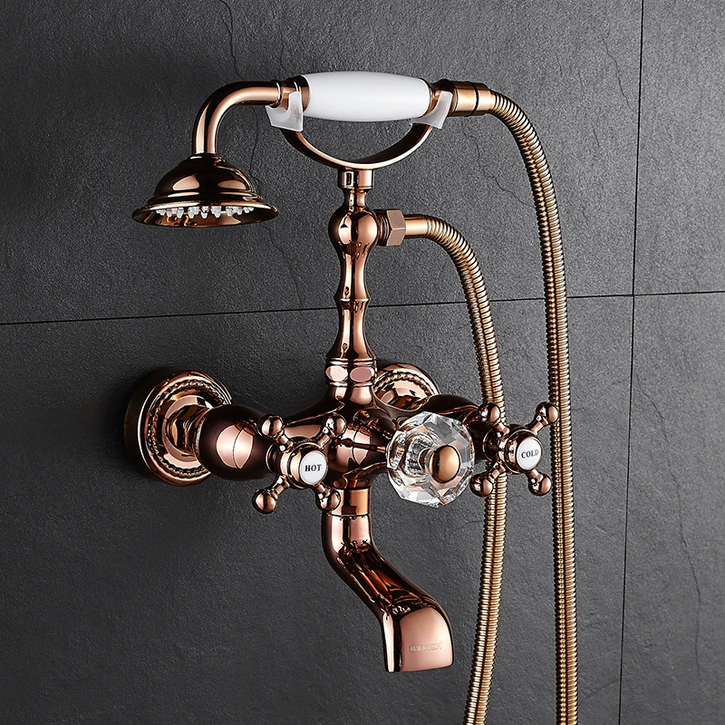 

AUSWIND Antique Rose gold bathroom faucet round ceramic base crystal faucet copper wall mount bathroom faucet gy67