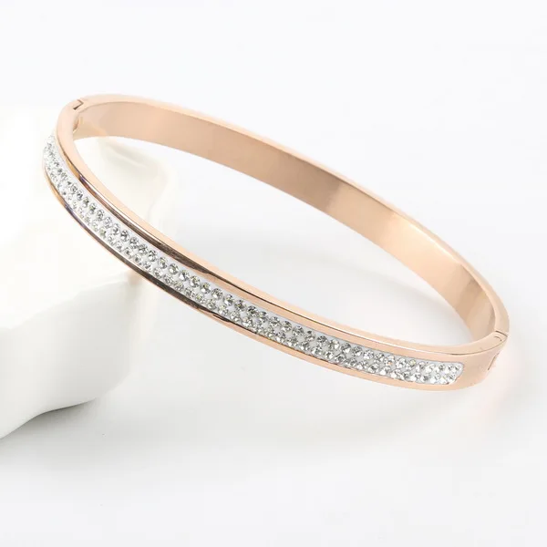 Rose Gold Женская мода розовое золото серебро два ряда Кристалл Rhinestone проложить браслеты из нержавеющей стали Изысканный Сияющий девушка подарки - Окраска металла: Rose Gold