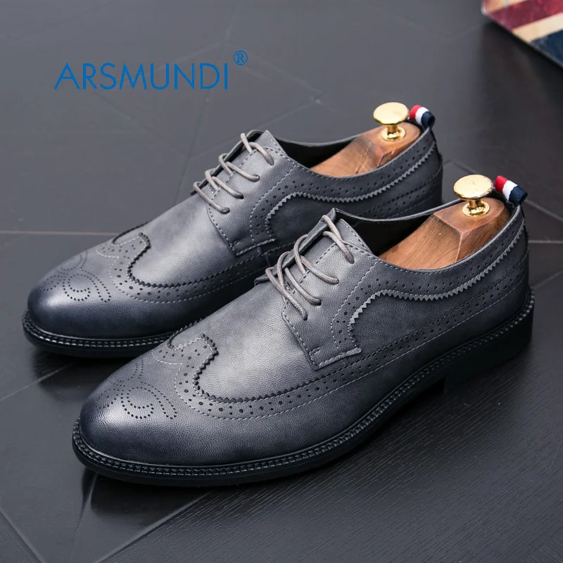 ARSMUNDI Men Dress Shoes Brogue Genuine Leather Black Fashion Business 2017 Lace Up Casual 92-9A216 | Обувь