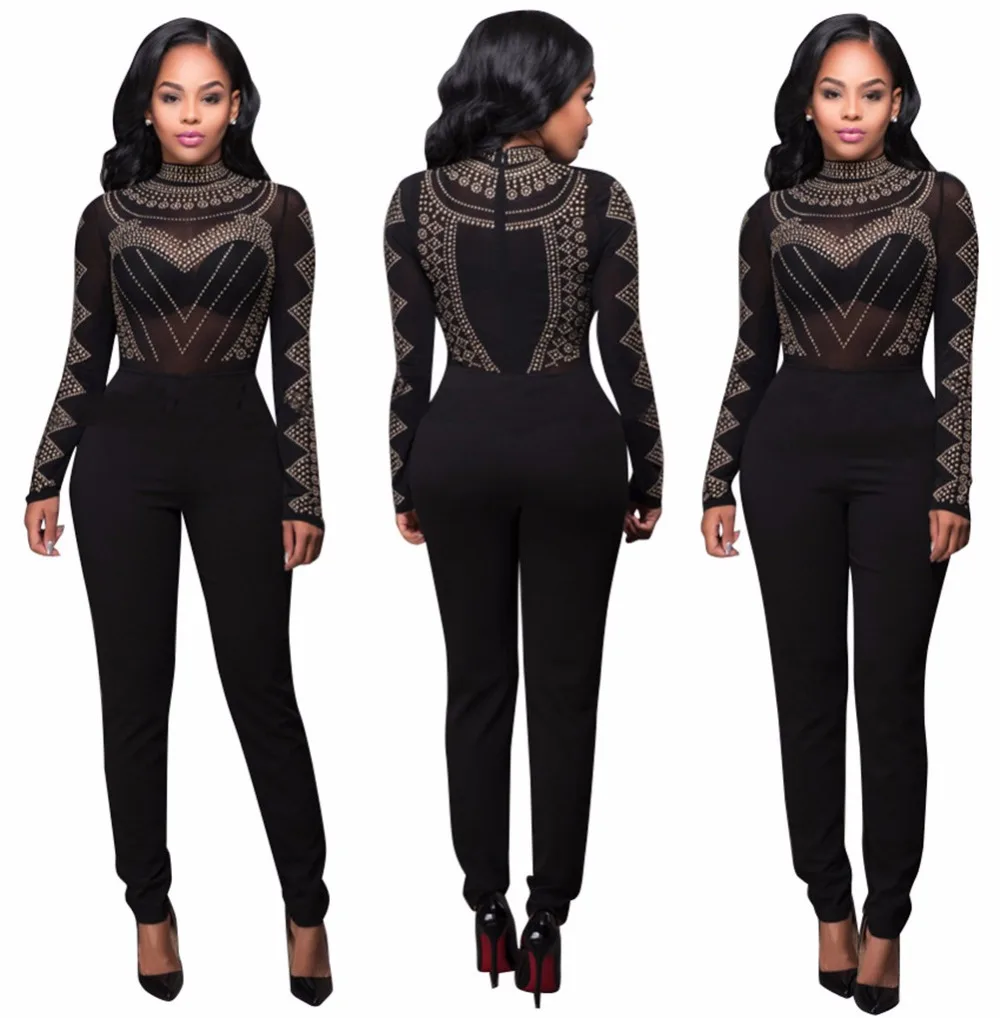 Черные Женщины Горный Хрусталь Смотреть Throuth Комбинезон Ногтей Бисера Mesh