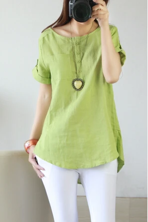 

Female Shirt Nice Summer Cotton And Linen Large Size Women Short Sleeve Shirt Women Shirt Solid Color Casual Shirt Round Neck