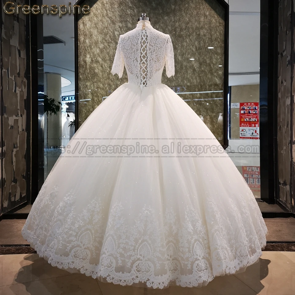 Greenspine African Tulle Wedding Dresses Lace Bridal Gowns Half Sleeve Brautkleider Hochzeitskleid Wedding Dress Plus Size