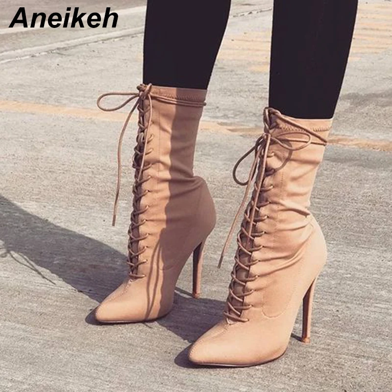 Женские ботинки из эластичной ткани Aneikeh с перекрестными лямками сексуальные